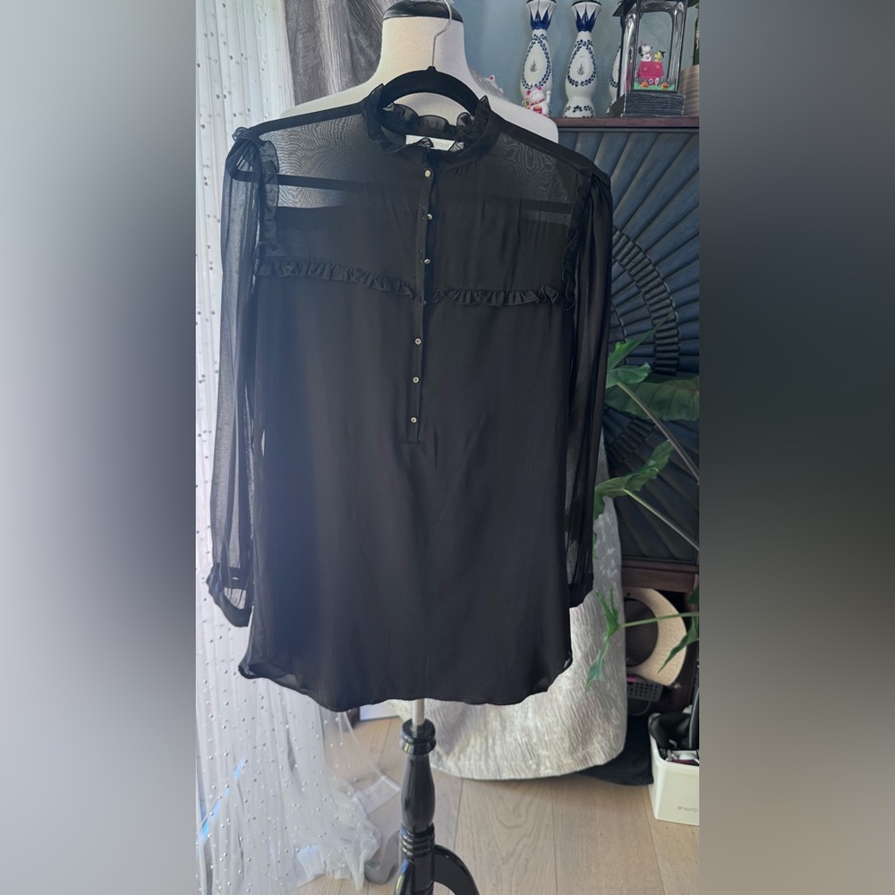 Anne Fontaine Black Sheer Blouse with Ruffle Detail